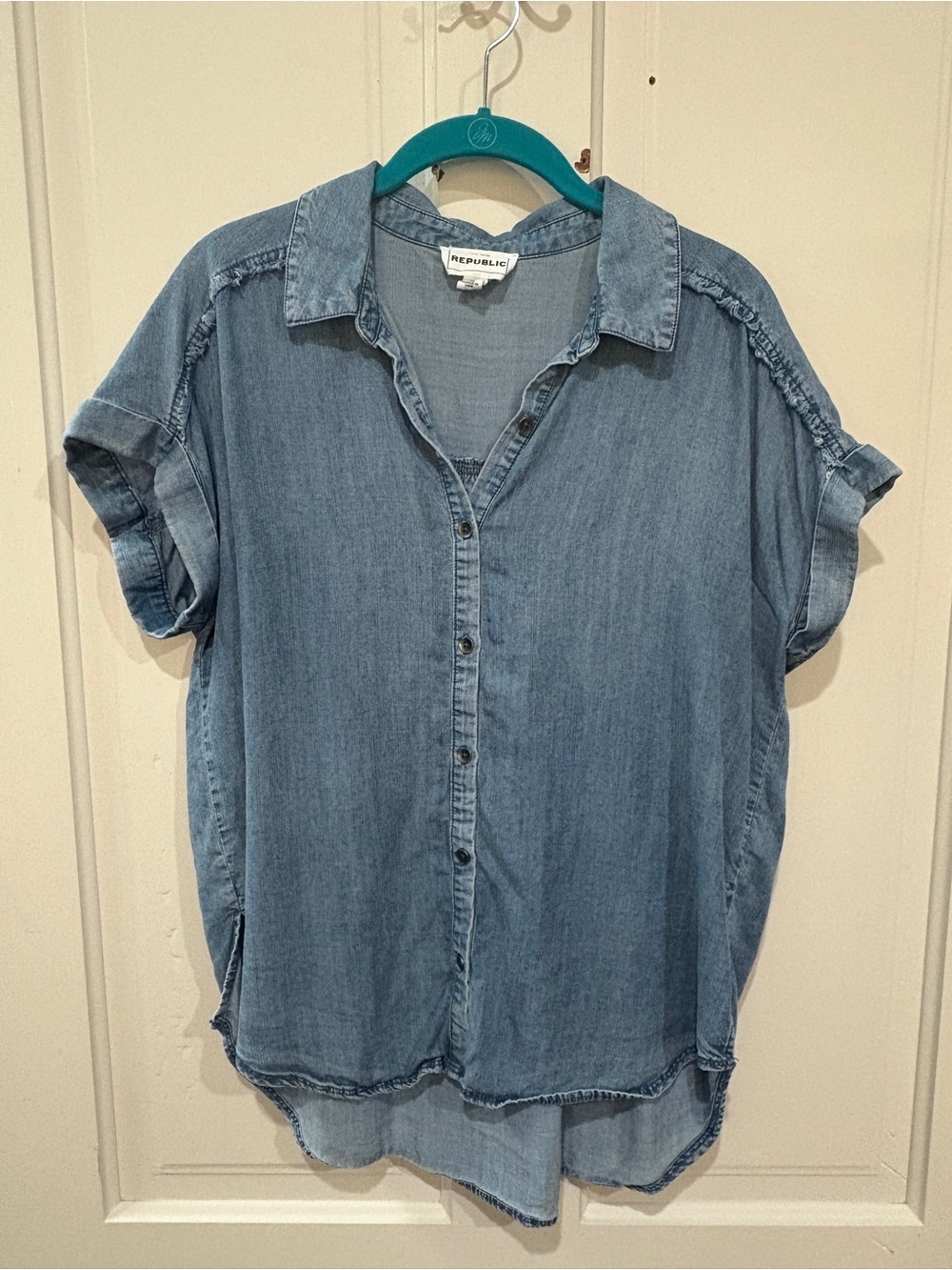 For The Republic Wash-Blue Denim Button-Down Short Sleeve Shirt